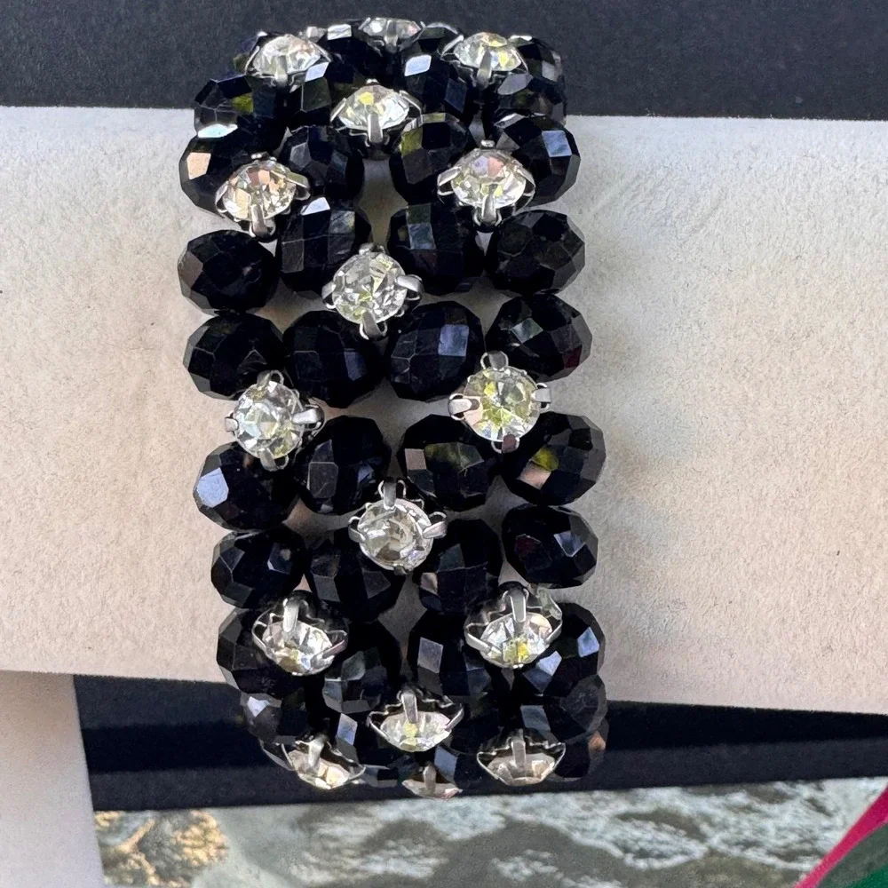 Beaded Stretch Bracelet Black‎ Faceted Crystal Rhinestone Statement Jewelry